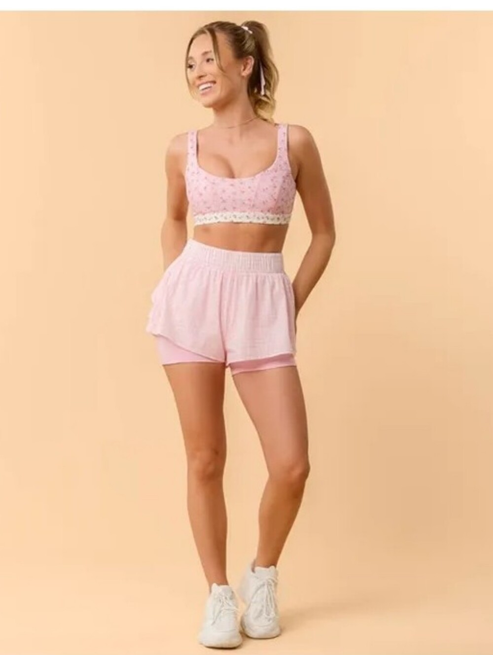 Blogilates Women's Bow Back Corset Sports Bra ~ Pink Floral